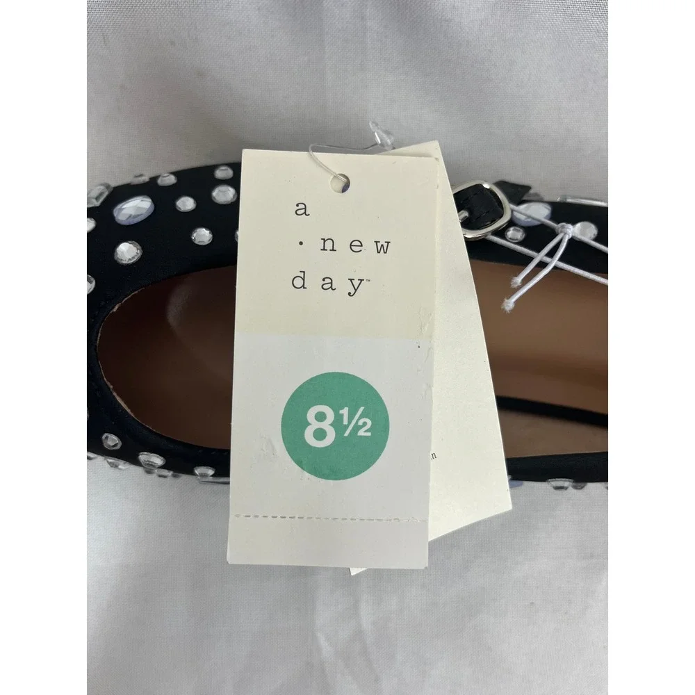 A New Day Womens Black Rhinestone Pointed Toe Mary Jane Flats Size 8.5 NEW